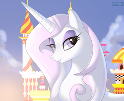 Size: 1809x1476 | Tagged: safe, artist:skyart301, edit, fleur-de-lis, pony, unicorn, fanfic:j'adore, g4, bust, canterlot, fangs, female, mare, solo