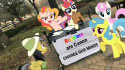 Size: 720x405 | Tagged: safe, artist:hikarisah, daring do, lemon hearts, moondancer, twinkleshine, oc, oc:pizza pie, earth pony, pegasus, pony, unicorn, g4, background pony, canon, change my mind, female, mare, meme, recolor, steven crowder