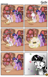 Size: 1100x1776 | Tagged: safe, artist:mysticalpha, edit, sweetie belle, twilight sparkle, alicorn, pony, unicorn, g4, bad end, broom, comic, confetti, cyrillic, death, disintegration, explosion, eyes closed, female, golden oaks library, grimderp, gritted teeth, magic, mare, open mouth, parody, poof, popping, raised hoof, russian, scene parody, scrunchy face, smiling, telekinesis, translation, twilight sparkle (alicorn), wide eyes