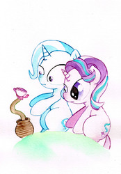 Size: 2394x3437 | Tagged: safe, artist:mashiromiku, starlight glimmer, trixie, pony, snake, unicorn, g4, cup, high res, teacup, that pony sure does love teacups, traditional art, watercolor painting