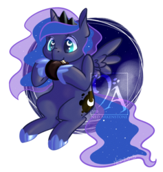 Size: 1024x1078 | Tagged: safe, artist:starkindlerstudio, princess luna, alicorn, pony, g4, abstract background, chibi, cutie mark, eating, ethereal mane, female, food, jewelry, mare, moon pie, regalia, simple background, sitting, solo, starry mane, transparent background, watermark, wingding eyes