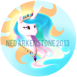 Size: 600x600 | Tagged: safe, artist:starkindlerstudio, princess celestia, pony, g4, bust, crown, cutie mark background, ethereal mane, female, jewelry, lidded eyes, peytral, regalia, solo, watermark