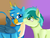 Size: 1600x1200 | Tagged: safe, artist:elskafox, artist:jbond, color edit, edit, gallus, sandbar, earth pony, griffon, pony, g4, school daze, blushing, colored, cute, duo, gallabetes, gay, interspecies, male, painting, sandabetes, ship:gallbar, shipping, simple background, stallion