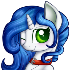 Size: 396x383 | Tagged: safe, artist:gleamydreams, oc, oc only, oc:gleamy, pony, unicorn, blushing, collar, green eyes, looking at you, one eye closed, simple background, solo, transparent background, wink