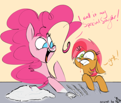 Size: 1520x1291 | Tagged: safe, artist:hattsy, babs seed, pinkie pie, earth pony, pony, g4, blood, cocaine, corrupting the youth, dialogue, drugs, duo, female, filly, gritted teeth, mare, mismatched eyes, nosebleed, open mouth, redraw, signature, smiling, table, wide eyes