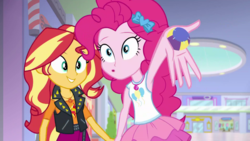 Size: 3643x2048 | Tagged: safe, screencap, pinkie pie, sunset shimmer, a fine line, equestria girls, g4, my little pony equestria girls: better together, ball, duo, geode of empathy, geode of sugar bombs, high res