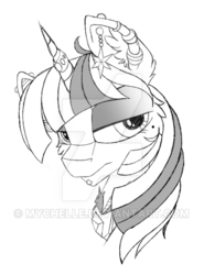 Size: 400x541 | Tagged: safe, artist:mychelle, twilight sparkle, pony, g4, alicorn amulet, bust, ear piercing, earring, female, goth, horn, horn ring, jewelry, monochrome, piercing, portrait, ring, solo, watermark