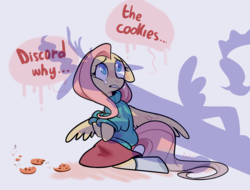 Size: 1922x1461 | Tagged: safe, artist:waackery, discord, fluttershy, pegasus, pony, g4, clothes, cookie, crying, description is relevant, female, floppy ears, food, looking at something, looking up, mare, offscreen character, pure unfiltered evil, sad, scared, shadow, silhouette, simple background, skirt, socks, speech bubble, spread wings, sweater, sweatershy, teary eyes, white background, wings, wings down