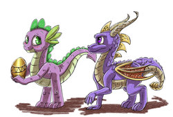 Size: 1024x694 | Tagged: safe, artist:xaneas, spike, dragon, g4, crossover, egg, simple background, smiling, spyro the dragon, spyro the dragon (series), white background
