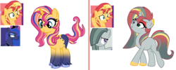 Size: 3009x1203 | Tagged: safe, artist:symphstudio, marble pie, princess luna, sunset shimmer, oc, oc only, pony, unicorn, g4, base used, female, magical lesbian spawn, mare, offspring, parent:marble pie, parent:princess luna, parent:sunset shimmer, parents:lunashimmer, simple background, transparent background