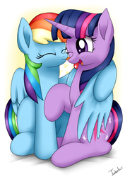 Size: 2480x3507 | Tagged: safe, artist:twidasher, rainbow dash, twilight sparkle, pegasus, pony, unicorn, g4, duo, eyes closed, female, high res, lesbian, licking, mare, one eye closed, open mouth, ship:twidash, shipping, simple background, sitting, smiling, tongue out