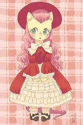 Size: 1200x1800 | Tagged: safe, artist:yanamosuda, fluttershy, pegasus, pony, g4, bipedal, blushing, clothes, cottagecore, dress, female, frilly dress, hat, lolita fashion, looking at you, mare, shoes, solo