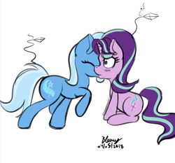 Size: 407x379 | Tagged: safe, artist:bleuey, edit, starlight glimmer, trixie, pony, unicorn, g4, cropped, duo, female, kiss on the lips, kissing, lesbian, mare, ship:startrix, shipping, simple background, white background