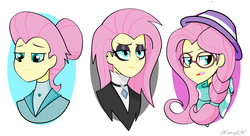Size: 4048x2208 | Tagged: safe, artist:xan-gelx, fluttershy, equestria girls, fake it 'til you make it, g4, equestria girls interpretation, female, fluttergoth, glasses, hair bun, hat, high res, hipstershy, looking at you, makeup, multeity, open mouth, piercing, scene interpretation, severeshy, tongue out, trio