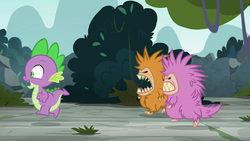 Size: 1280x720 | Tagged: safe, screencap, spike, dragon, pukwudgie, g4, school daze, male, running away, scared, snarling