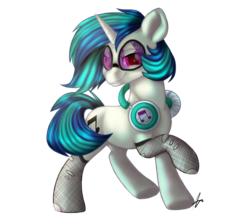 Size: 1000x888 | Tagged: safe, artist:inspiration1413, dj pon-3, vinyl scratch, pony, unicorn, g4, broken glasses, female, fishnet stockings, glasses, grin, headphones, mare, raised hoof, red eyes, simple background, smiling, solo, transparent background