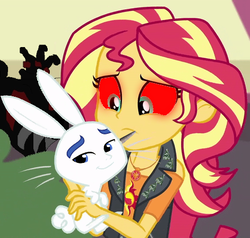 Size: 472x450 | Tagged: safe, angel bunny, flash sentry, sunset shimmer, human, pig, rabbit, equestria girls, g4, my little pony equestria girls: better together, angel is a bunny bastard, angry birds, animal, bad piggies, bad piggies: king pig's hunt, brad, crossover, drug use, exploitable meme, flash sentry savior of the universe, geode of empathy, green pig, illuminati, king pig, magical geodes, meme, op is on drugs, op is trying to start shit so badly that it's kinda funny, shadow king pig, waifu thief, wat