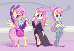 Size: 4320x3000 | Tagged: safe, artist:dsp2003, fluttershy, pegasus, pony, semi-anthro, fake it 'til you make it, g4, :p, arm hooves, bipedal, blushing, female, fluttergoth, glasses, hat, high res, hipstershy, looking at you, makeup, multeity, one eye closed, open mouth, piercing, severeshy, silly, spread wings, tongue out, triality, trio, updated, wings