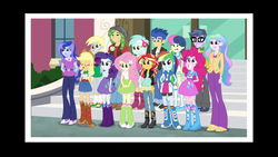 Size: 1920x1080 | Tagged: safe, screencap, applejack, bon bon, derpy hooves, flash sentry, fluttershy, lyra heartstrings, micro chips, pinkie pie, princess celestia, princess luna, principal celestia, rainbow dash, rarity, sandalwood, sunset shimmer, sweetie drops, vice principal luna, equestria girls, g4, my little pony equestria girls: friendship games, eyes closed, faic, happy, humane five, looking at something, photo, pre sneeze, right there in front of me, smiling, sneezing