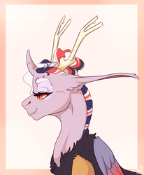 Size: 504x613 | Tagged: safe, artist:qatsby, oc, oc only, oc:ophelia, draconequus, hybrid, antlers, bust, curved horn, draconequus oc, female, horn, interspecies offspring, long ears, offspring, parent:discord, parent:twilight sparkle, parents:discolight, portrait, solo