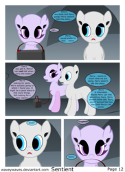 Size: 5360x7370 | Tagged: safe, artist:waveywaves, oc, oc only, oc:joule, oc:perry, pony, robot, robot pony, comic:sentient, absurd resolution, comic, speech bubble