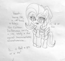 Size: 1486x1377 | Tagged: safe, artist:tjpones, fluttershy, pony, fake it 'til you make it, g4, clothes, female, glasses, hipstershy, lineart, monochrome, simple background, sketch, solo, traditional art