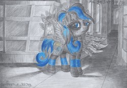 Size: 3382x2343 | Tagged: safe, artist:magnifsunspiration, oc, oc only, oc:dindette overshadowcloud, pegasus, pony, female, high res, lantern, mare, monochrome, partial color, solo, traditional art, wing hands
