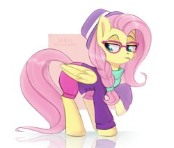 Size: 1500x1286 | Tagged: safe, artist:shmel, fluttershy, pegasus, pony, fake it 'til you make it, g4, alternate hairstyle, clothes, female, glasses, hipstershy, hot pants, mare, simple background, solo, white background