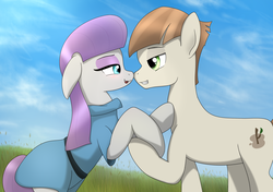 Size: 1700x1200 | Tagged: safe, artist:fotasy, maud pie, mudbriar, earth pony, pony, g4, the maud couple, cloud, female, lidded eyes, looking at each other, male, mare, ship:maudbriar, shipping, sky, smiling, stallion, straight