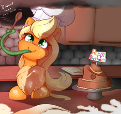 Size: 3400x3200 | Tagged: safe, artist:madacon, applejack, monster pony, original species, pony, tatzlpony, g4, cake, chest fluff, cute, female, food, high res, impossibly large chest fluff, jackabetes, kitchen, long tongue, mare, smiling, smoke, solo, species swap, tatzljack, tentacle tongue, tentacles, tongue out