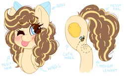Size: 2741x1679 | Tagged: safe, artist:adostume, oc, oc only, oc:busy bee, pegasus, pony, blushing, bow, hair bow, happy, one eye closed, raspberry, solo, tongue out, wink