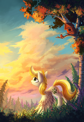 Size: 2076x3000 | Tagged: safe, artist:atlas-66, oc, oc only, oc:dandelion blossom, pegasus, pony, cloud, female, high res, looking up, mare, scenery, scenery porn, sky, solo