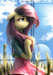 Size: 2480x3508 | Tagged: safe, artist:aidelank, fluttershy, anthro, g4, arm hooves, beaut, beautiful, bipedal, bridge, clothes, dress, female, floppy ears, grass field, high res, hooves together, looking away, looking up, mare, scenery, sky, smiling, solo, teary eyes, three quarter view