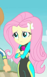 Size: 277x450 | Tagged: safe, screencap, fluttershy, equestria girls, equestria girls series, forgotten friendship, g4, animated, cropped, cute, female, fluttershy's wetsuit, frown, sadorable, shyabetes, solo, wetsuit
