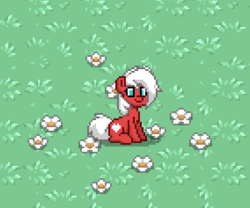 Size: 427x355 | Tagged: safe, oc, oc only, oc:velvet love, pony, pony town, blue eyes, female, flower, happy, mare, outdoors, red, sitting, white hair