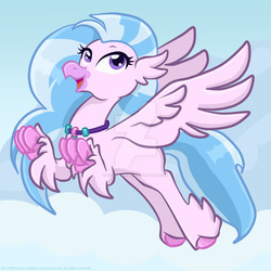 Size: 1024x1024 | Tagged: safe, artist:yoshimarsart, silverstream, classical hippogriff, hippogriff, g4, school daze, female, flying, majestic, solo, watermark