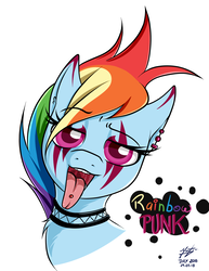 Size: 1780x2306 | Tagged: safe, artist:azerta56, rainbow dash, pegasus, pony, g4, 365 days challenge, bust, choker, clothes, collar, ear piercing, earring, female, jewelry, lidded eyes, looking at you, makeup, metal, open mouth, piercing, punk, simple background, solo, text, tongue out, tongue piercing, uvula, white background