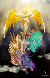 Size: 1024x1580 | Tagged: safe, artist:zidanemina, daybreaker, nightmare moon, queen chrysalis, oc, g4, crossover, final fantasy, final fantasy vi, kefka palazzo, monument to non-existence