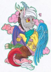 Size: 728x1024 | Tagged: safe, artist:pony-paint, discord, butterfly, draconequus, g4, clothes, cloud, cotton candy, cotton candy cloud, food, implied fluttershy, male, scarf, sweater, traditional art