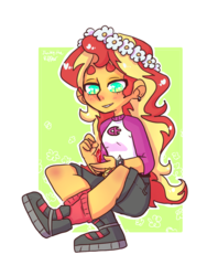 Size: 960x1280 | Tagged: safe, artist:jackytheripperart, sunset shimmer, equestria girls, g4, my little pony equestria girls: legend of everfree, blushing, clothes, female, floral head wreath, flower, gem, shoes, shorts, solo