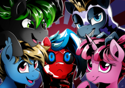 Size: 3507x2480 | Tagged: safe, artist:dormin-dim, oc, oc only, oc:aliax smily, oc:chip megabyte, oc:moonsaber, oc:o-5, oc:ruby sparkler, oc:serena, bat pony, pony, robot, robot pony, arcatar animatronics, armor, collar, high res