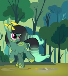 Size: 771x862 | Tagged: safe, artist:pony-paint, oc, oc only, original species, female, forest, horns, mare, show accurate, smiling, solo