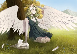 Size: 1280x905 | Tagged: safe, artist:glorious-rarien, oc, oc only, bird, dove, pegasus, anthro, anthro oc, book, breasts, cleavage, clothes, dress, feather, female, mare, mountain, scenery, smiling, solo, spread wings, tree, wind, wings