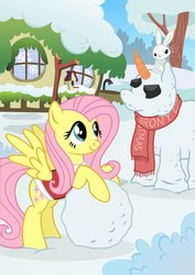Size: 1532x2160 | Tagged: safe, artist:pony-paint, angel bunny, fluttershy, pegasus, pony, g4, christmas, clothes, female, fluttershy's cottage, holiday, mare, scarf, show accurate, snowpony, spread wings, wings, winter
