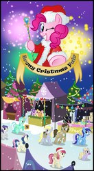 Size: 1176x2146 | Tagged: safe, artist:pony-paint, applejack, bon bon, derpy hooves, dinky hooves, doctor whooves, fluttershy, lyra heartstrings, minuette, pinkie pie, roseluck, sweetie drops, time turner, tornado bolt, twilight sparkle, earth pony, pony, g4, candy, candy cane, christmas, christmas lights, christmas tree, clothes, costume, fair, food, holiday, one eye closed, plushie, santa costume, show accurate, snow, snowfall, toy, tree, wink