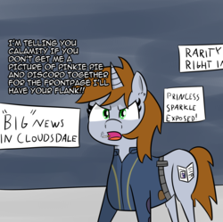 Size: 2129x2122 | Tagged: safe, artist:artiks, oc, oc only, oc:littlepip, pony, unicorn, fallout equestria, alternate timeline, alternate universe, cigarette, clothes, dialogue, fanfic, fanfic art, female, high res, horn, jumpsuit, mare, newspaper, smoking, solo, vault suit