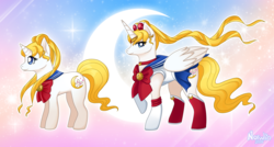 Size: 1200x644 | Tagged: safe, artist:norwlin, alicorn, pony, unicorn, crossover, ponified, sailor moon (series), tsukino usagi