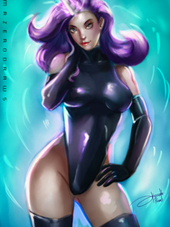 Size: 1200x1600 | Tagged: safe, artist:bunsogen, rarity, human, g4, art theft, breasts, busty rarity, clothes, evening gloves, female, gloves, humanized, latex, lipstick, long gloves, looking at you, one-piece swimsuit, signature, socks, solo, swimsuit, thigh highs