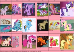 Size: 1310x910 | Tagged: safe, edit, edited screencap, screencap, applejack, applejack (g1), applejack (g3), baby starbow, firefly, fluttershy, glory, honolu-loo, pinkie pie, pinkie pie (g3), posey, rainbow dash, rainbow dash (g3), rarity, rarity (g3), sparkler (g1), starsong, surprise, twilight, twilight sparkle, alicorn, pony, g1, g3, g4, collage, g1 six, html, mane six, twilight sparkle (alicorn)