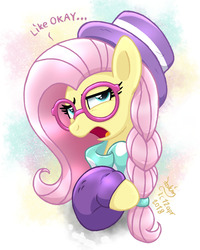 Size: 1000x1250 | Tagged: safe, artist:joakaha, fluttershy, pony, fake it 'til you make it, g4, clothes, dialogue, female, glasses, gradient background, hipster, hipstershy, open mouth, scarf, signature, solo